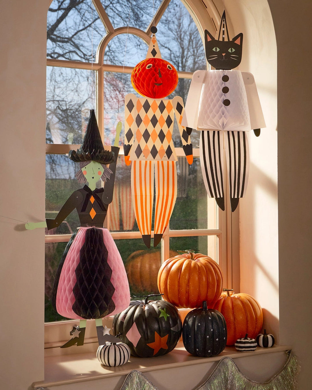 Meri Meri giant Halloween honeycomb decorations set with witch, black cat and pumpkin