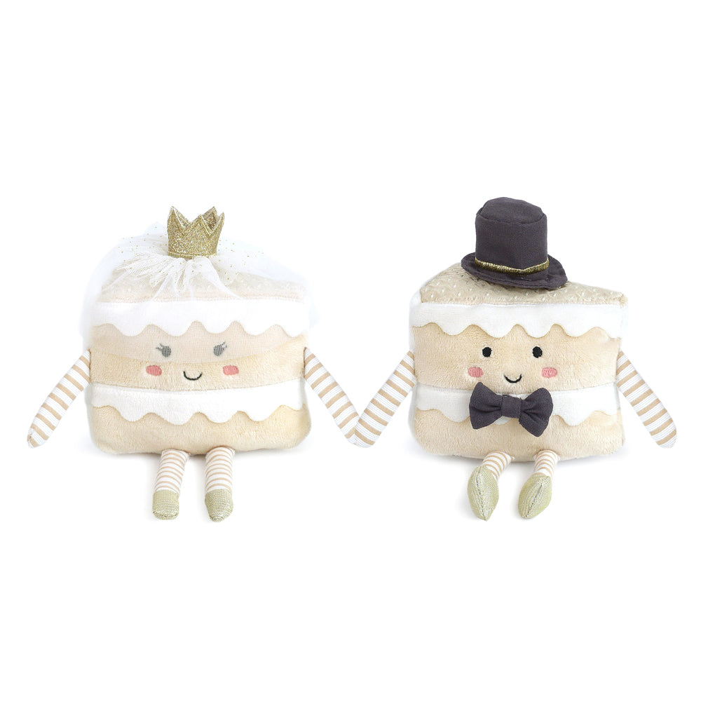 Mon Ami Mr. & Mrs. Cake Slice plush duo with veil, crown, bow tie, and top hat