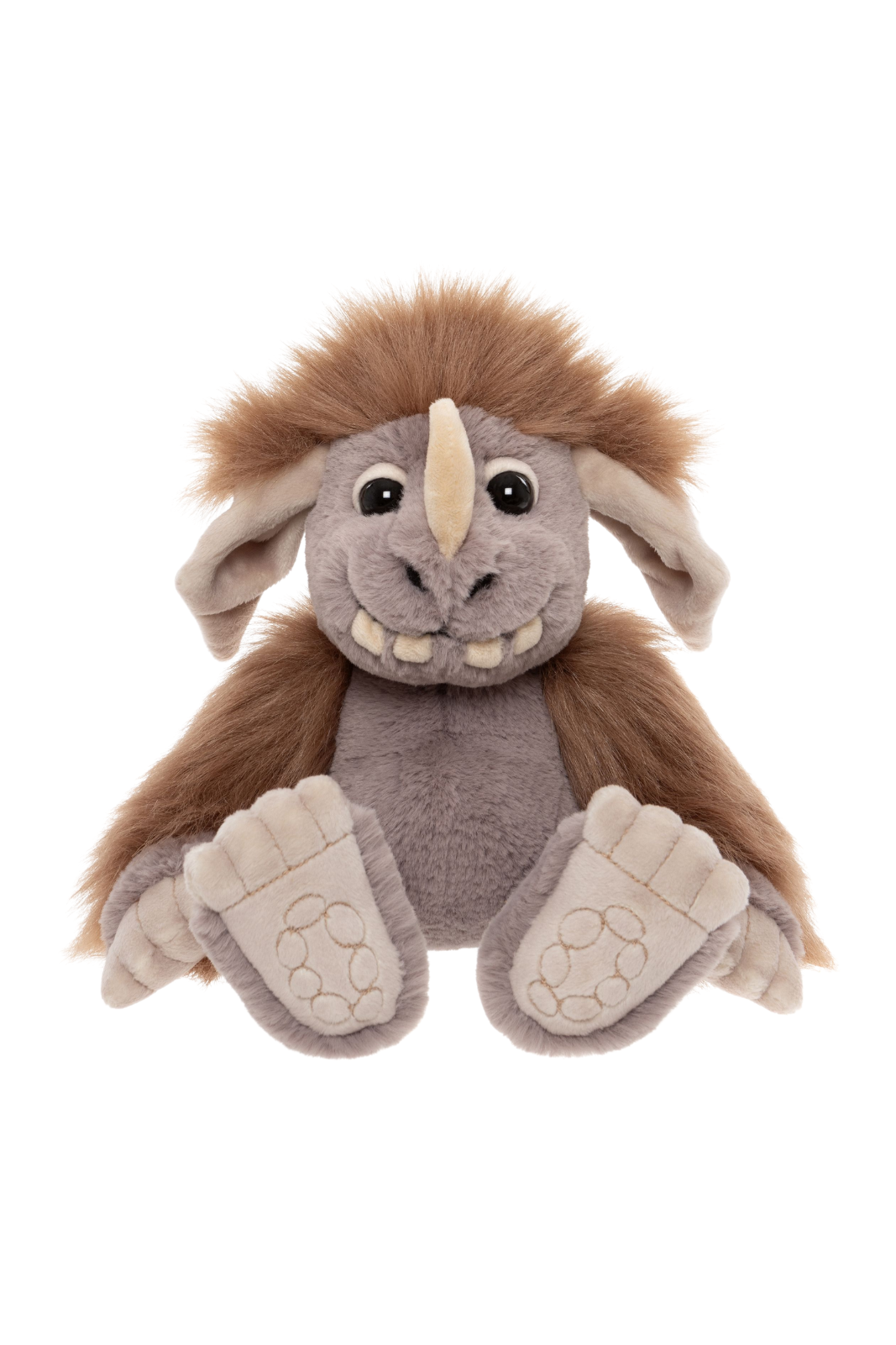 Pebble ogre plush toy close up showing toothy grin fluffy brown hair and soft plush body
