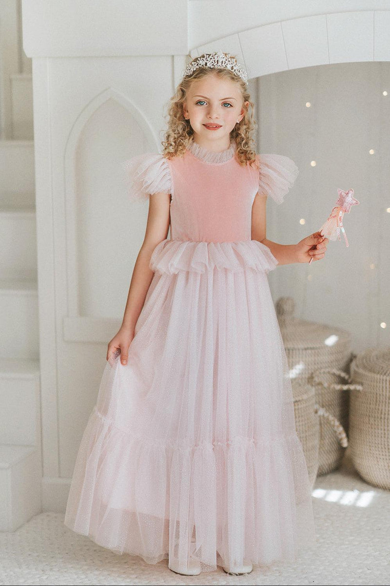 Soft pink velvet princess dress with a sparkling tulle skirt for girls sizes 2–14. Perfect for birthdays, princess parties, Halloween, dress up, holidays, and magical everyday play.