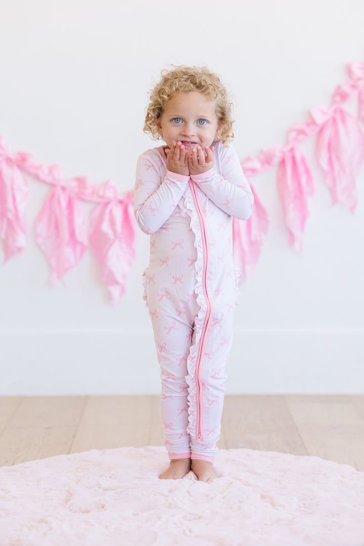 Pink Bows - Bamboo Zipper Pajamas – Convertible Footed Sleeper