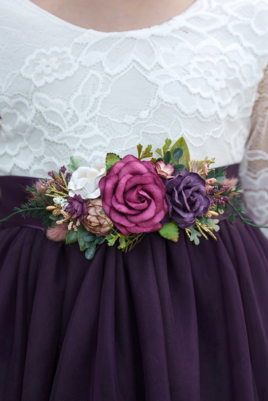 Plum flower girl dress sash