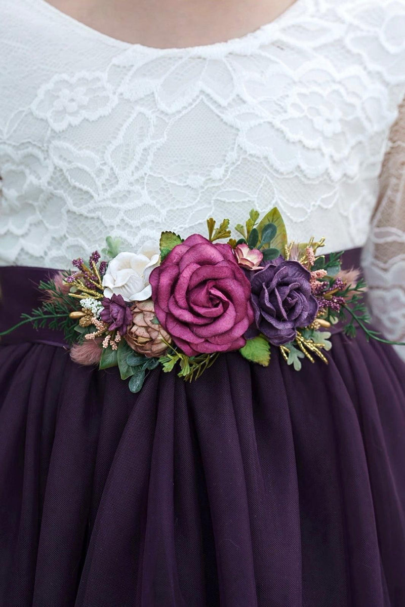Plum flower girl dress sash