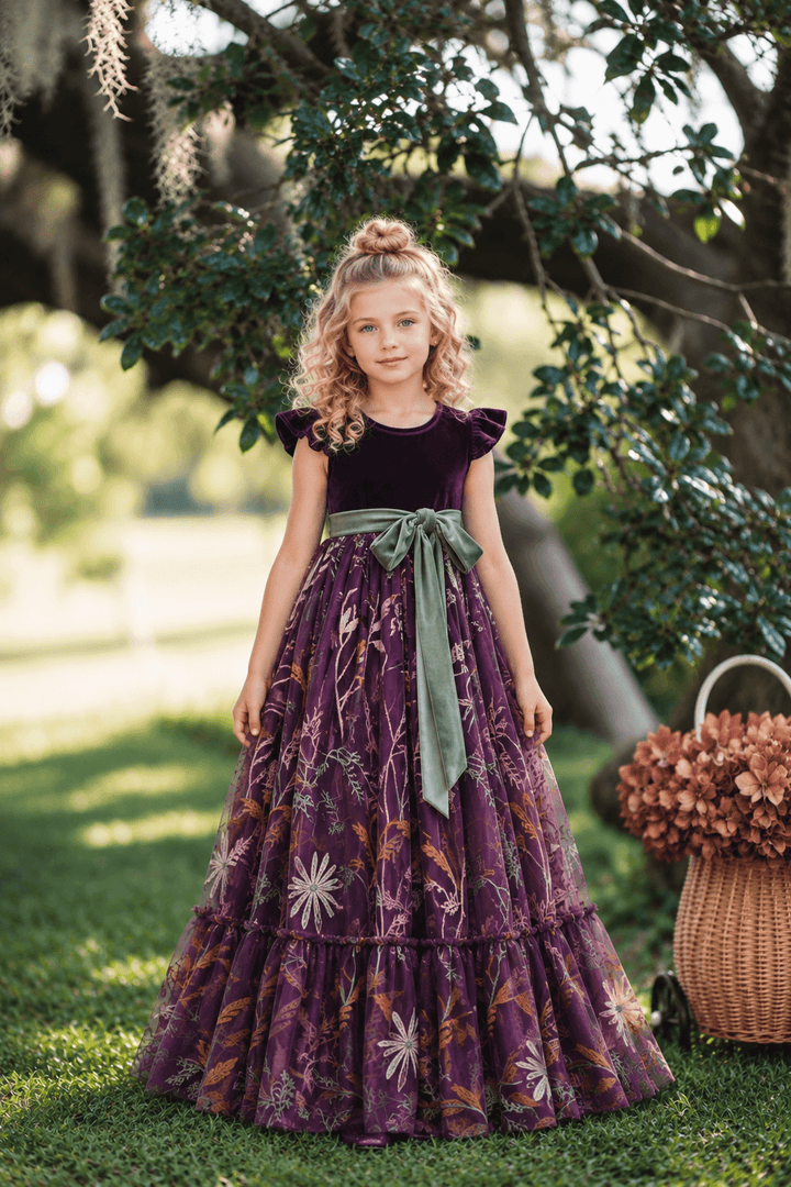 Girl wearing full length eggplant purple velvet flower girl dress with sage green sash