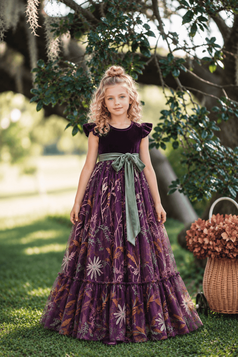 Girl wearing full length eggplant purple velvet flower girl dress with sage green sash