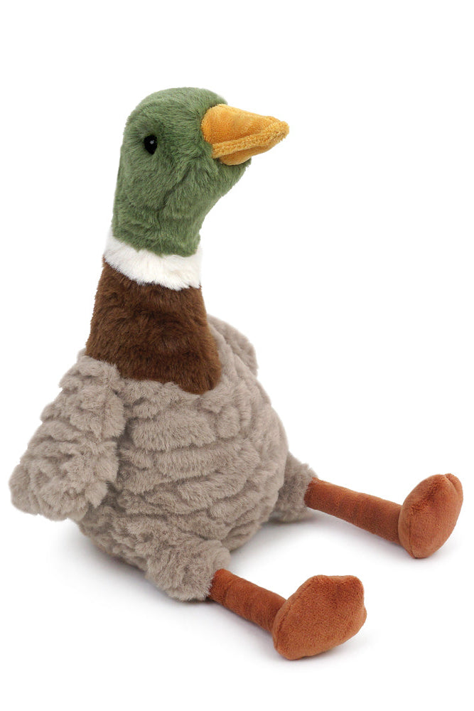 Mon Ami River Mallard Duck plush toy with green head, soft gray body, and floppy golden feet