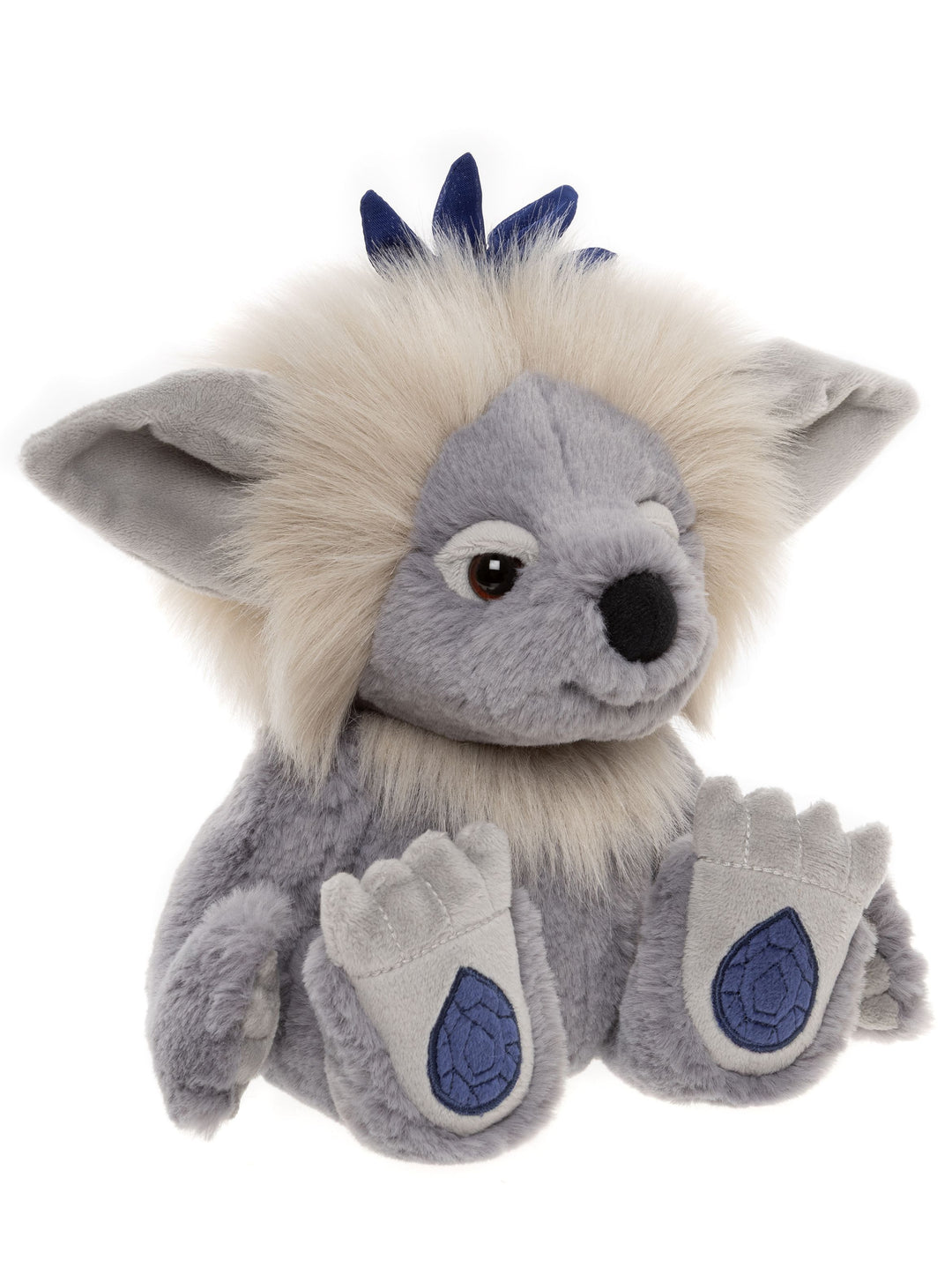 Sapphire Sue Crystal Troll plush by Charlie Bears side view with blue-grey fur, fluffy mane and sapphire gemstone paw pads