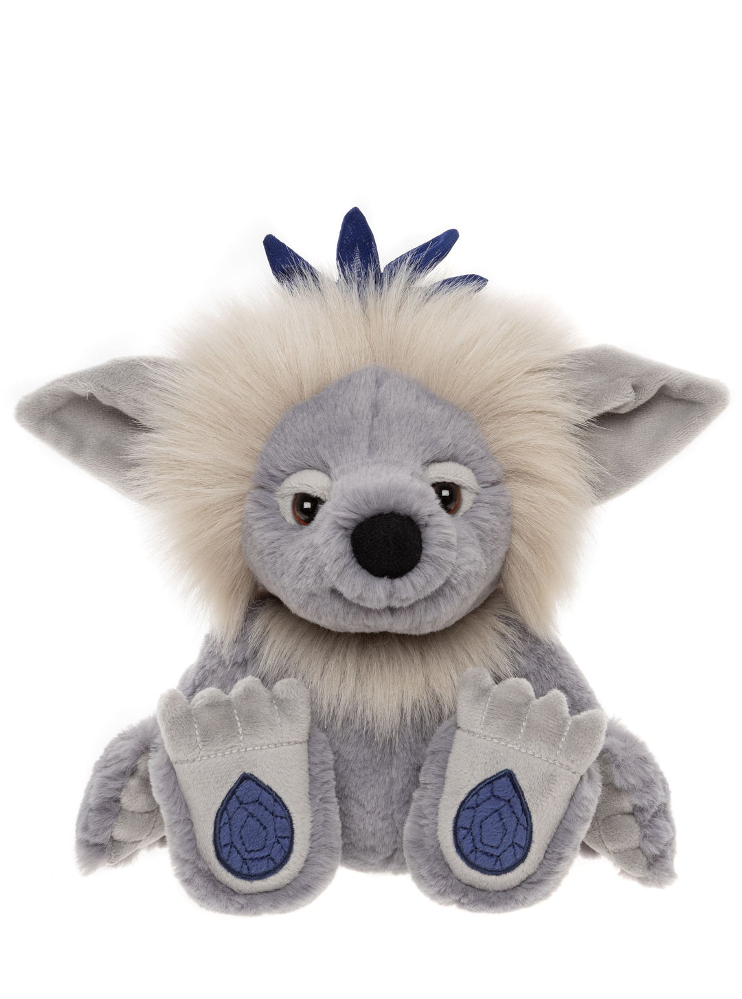 Sapphire Sue Crystal Troll plush by Charlie Bears front view with blue-grey fur, fluffy mane and sapphire gemstone paw pads