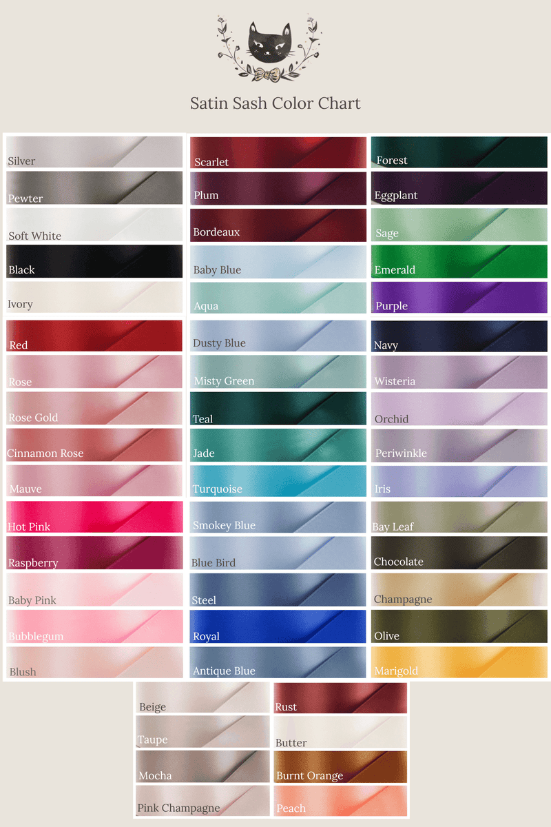 Satin sash color chart with various color swatches.