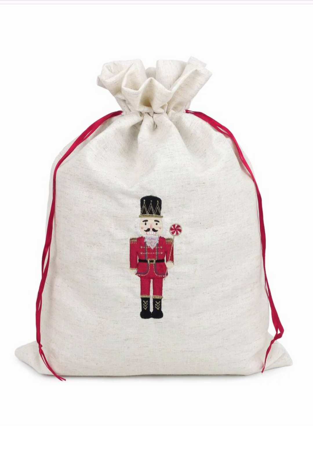Nutcracker embroidered linen gift sack with red drawstring trim by Mon Ami