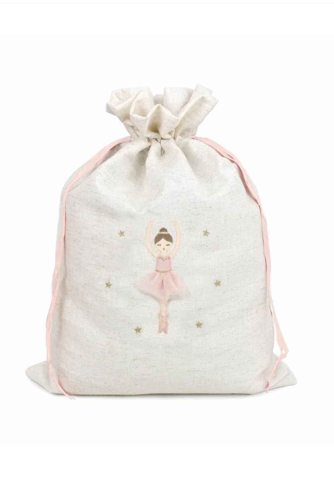 Linen ballerina drawstring gift sack with embroidered dancer and gold stars