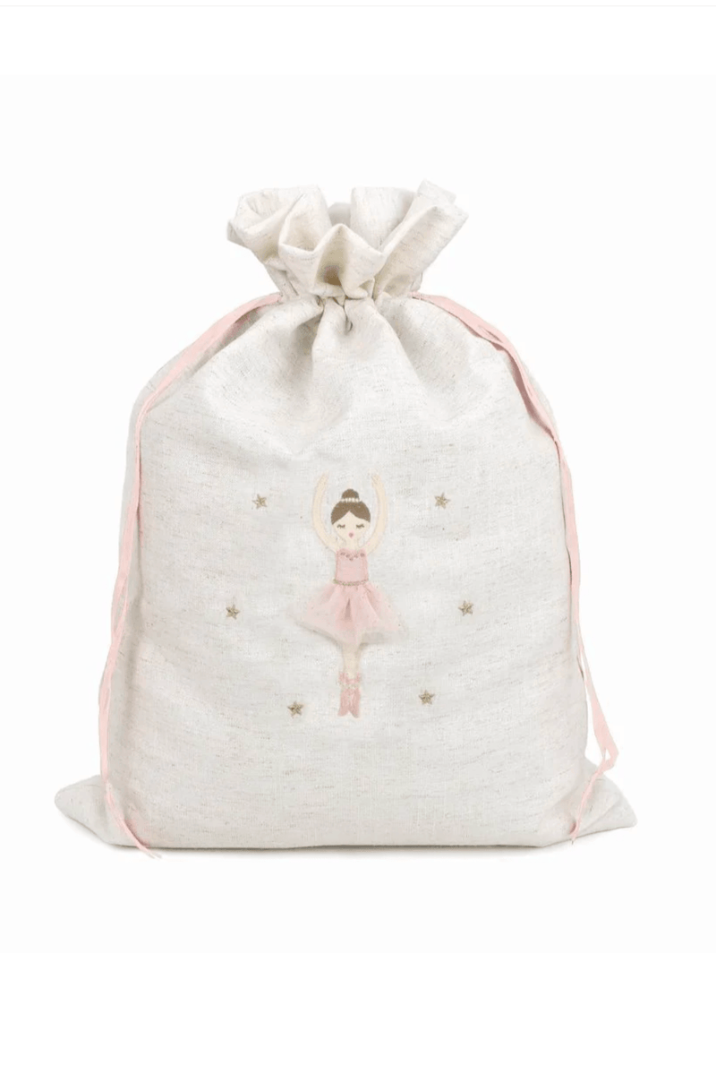 Linen ballerina drawstring gift sack with embroidered dancer and gold stars