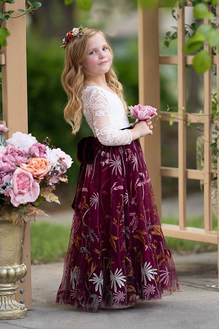 embroidered bordeaux wedding flower girl dress heirloom style