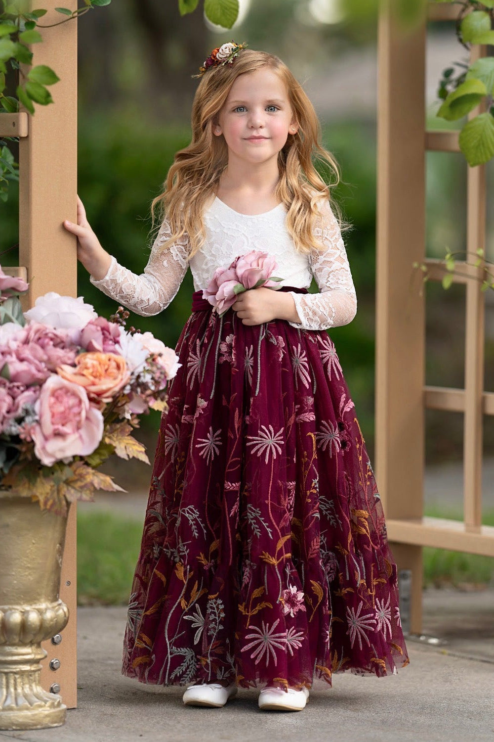 burgundy children’s formal dress embroidered skirt