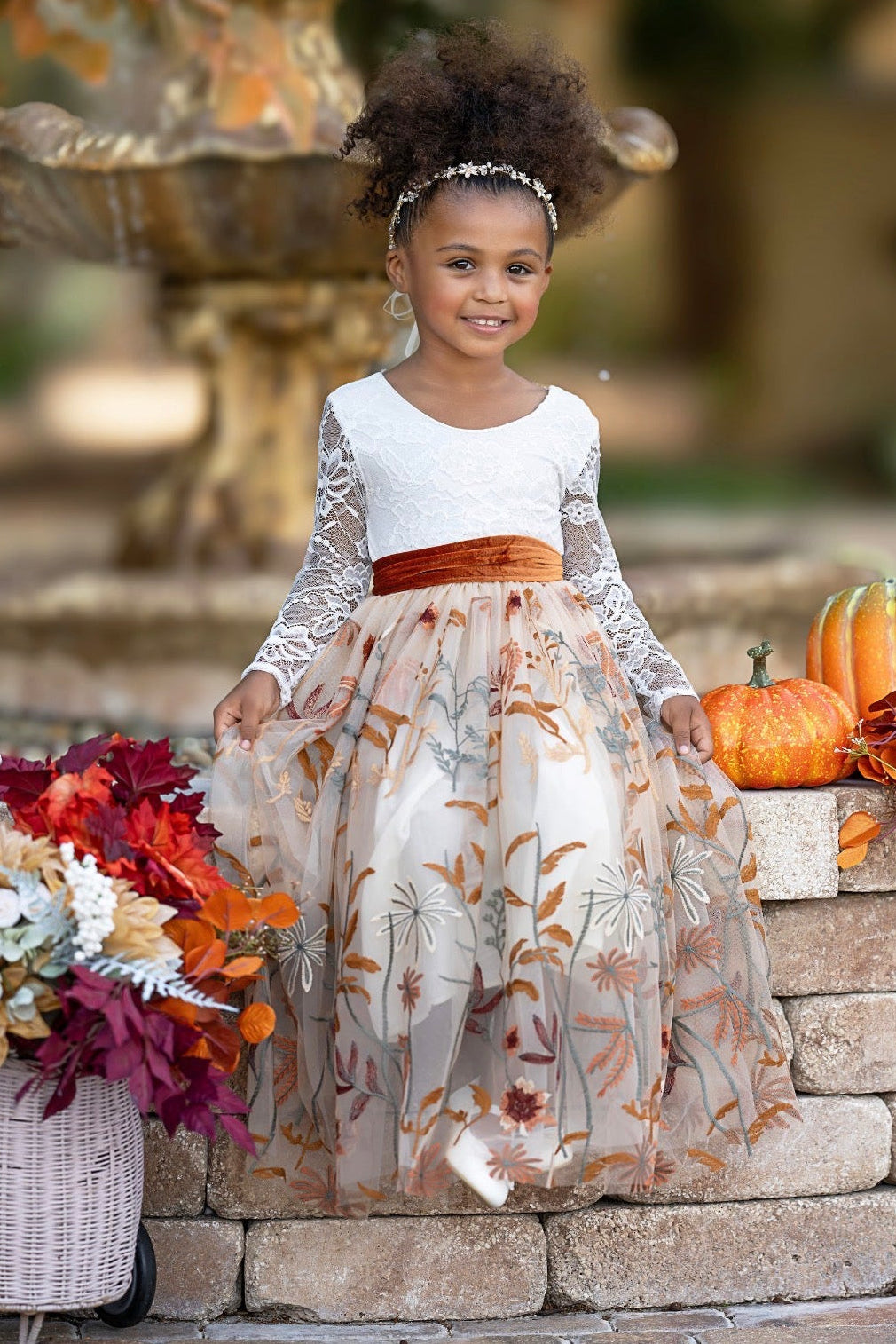 antique champagne flower girl gown lace bodice embroidered skirt