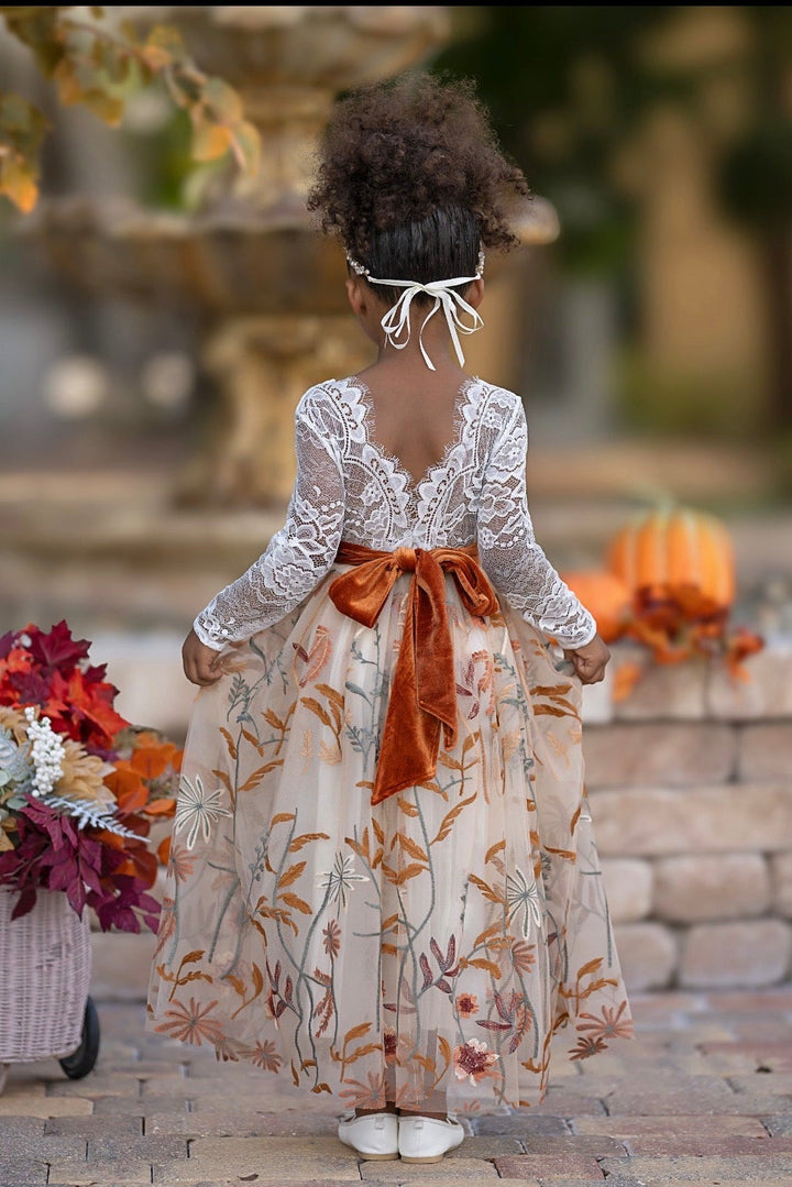 embroidered tulle flower girl dress antique champagne floral tulle skirting