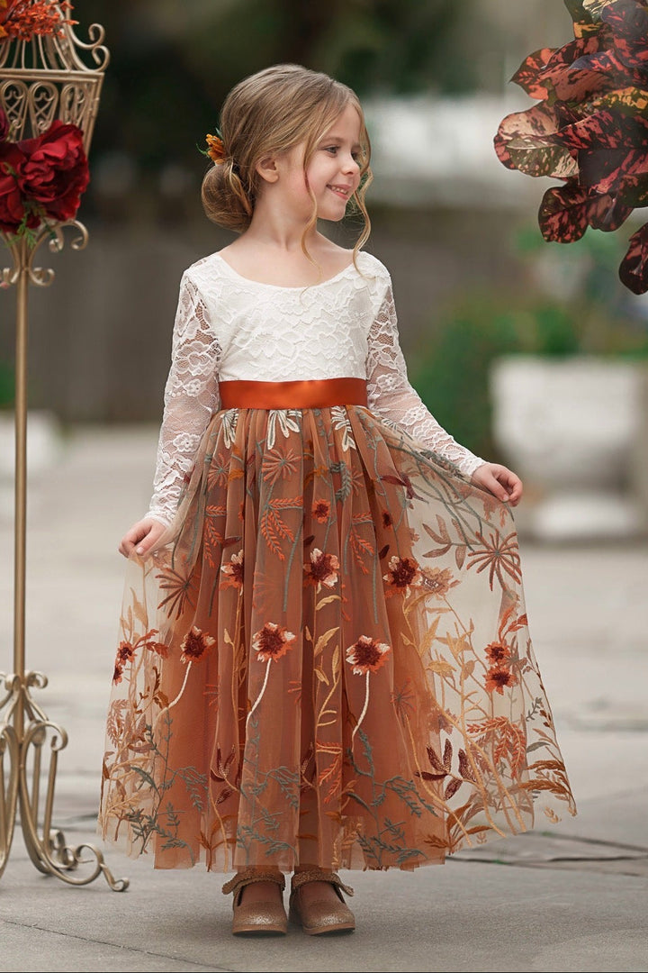 embroidered tulle flower girl dress autumn wedding color