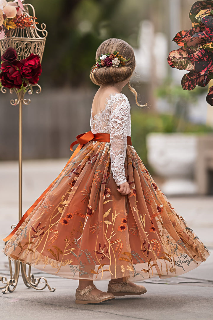 lace sleeve terra cotta children’s formal dress