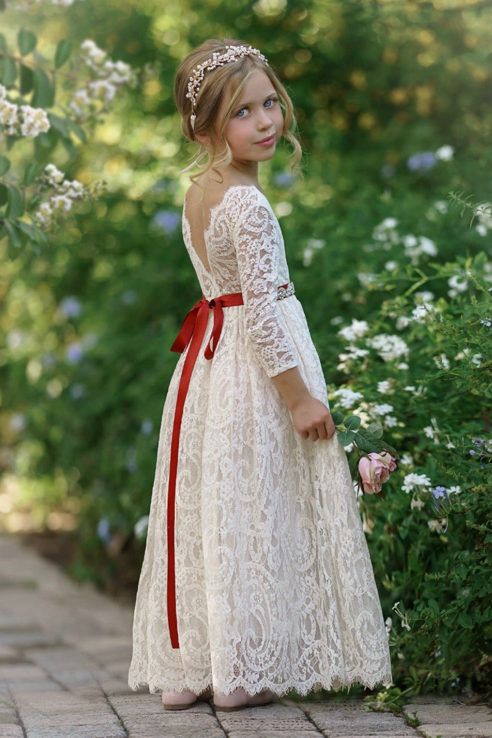 3.	V-back lace heirloom flower girl dress antique ivory tone