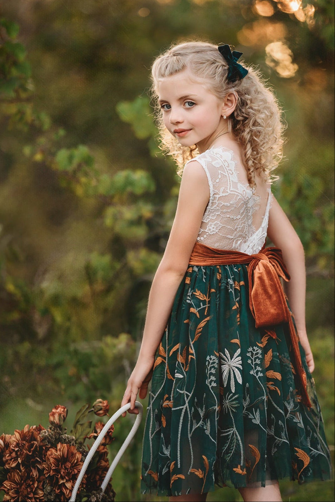 embroidered tulle flower girl dress forest wedding palette