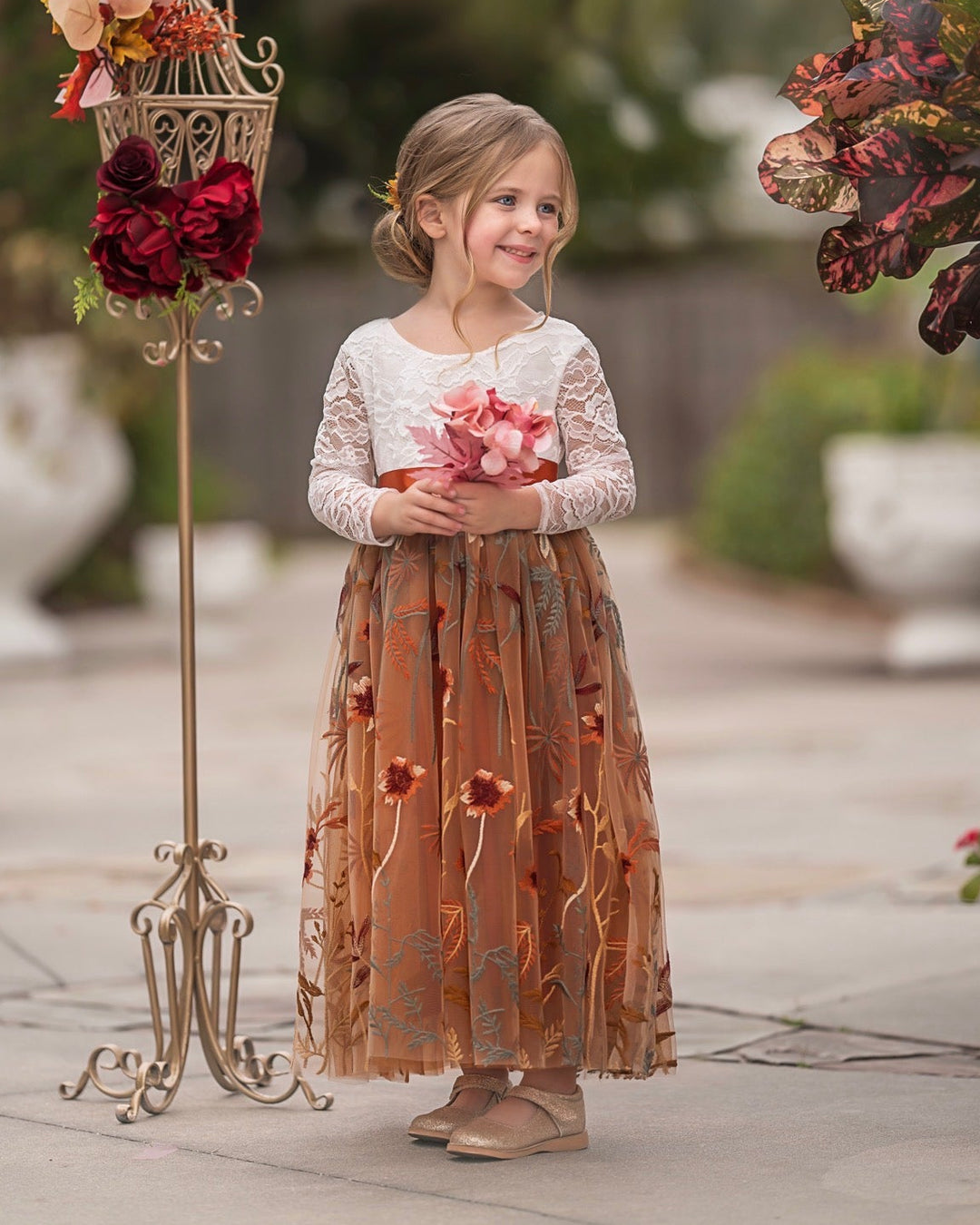 heirloom flower girl gown rust embroidered skirt