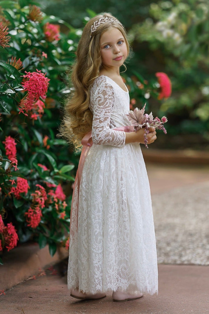 full lace children’s wedding gown with satin sash soft white
