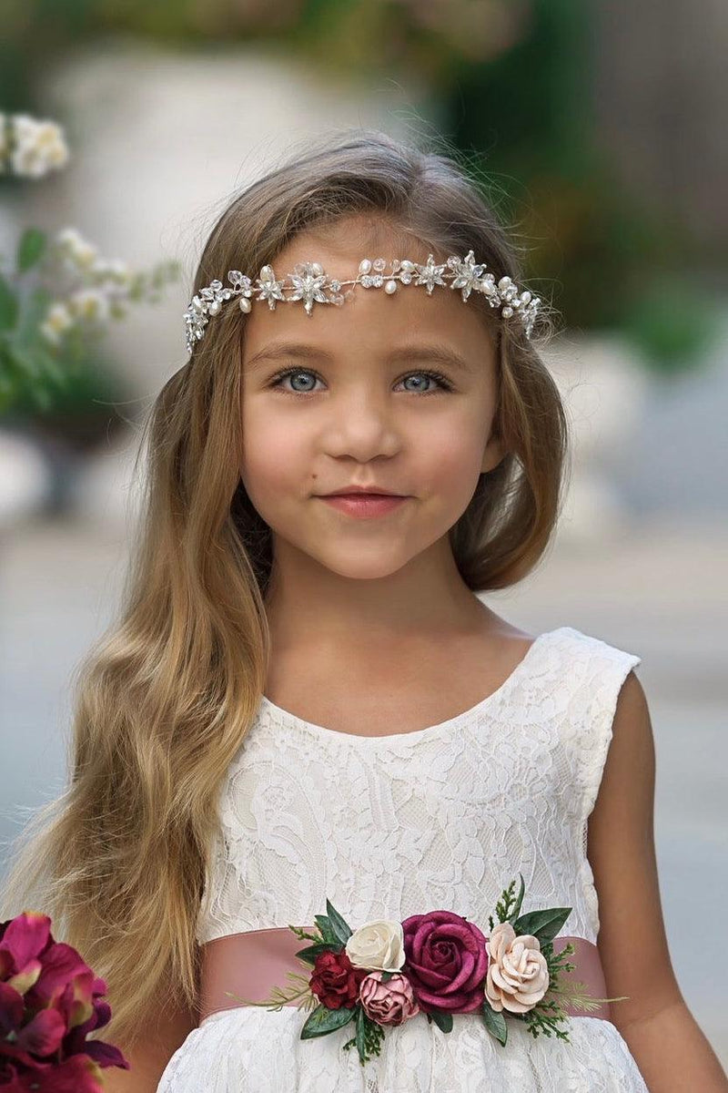 flower girl silver crystal headband with floral motif elegant wedding hair accessory for girls
