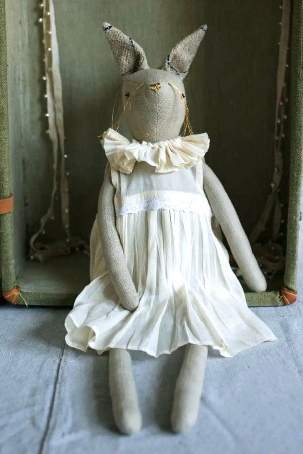 Ruffle Bunny Ragdoll heirloom art doll in a soft cotton dress with pleated ruffle collar