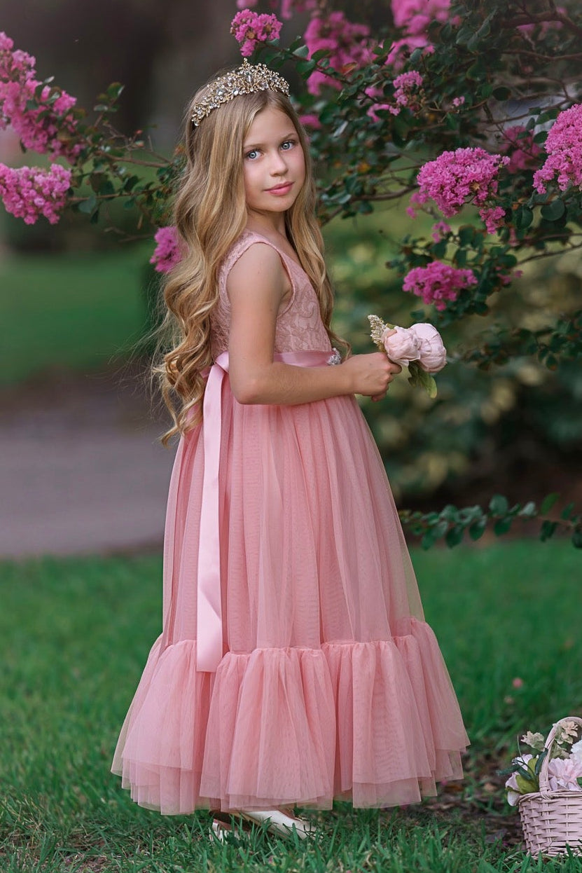 Rose lace flower girl dress styled for romantic wedding ceremony photos