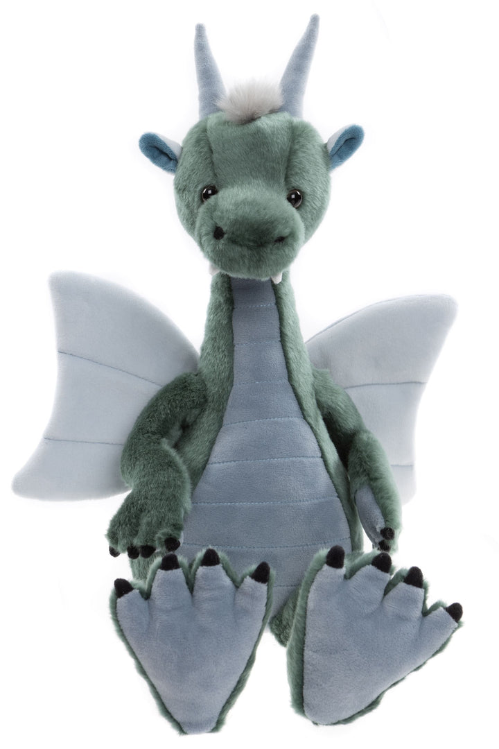 Spades dragon plush by Charlie Bears Bearhouse front view, sage green dragon with blue-grey belly and wings