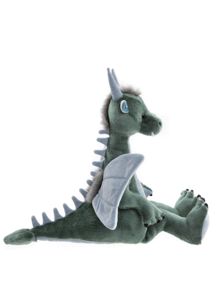Spades dragon plush side view seated, Charlie Bears Bearhouse mythical creature soft toy