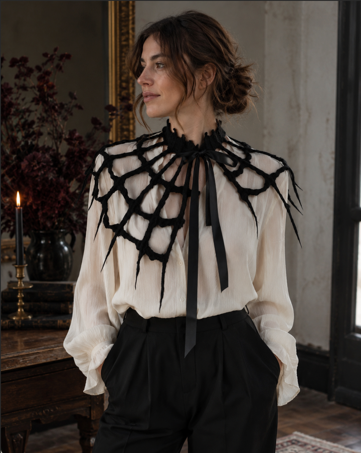 Woman wearing Midnight Black spiderweb capelet over a Halloween outfit