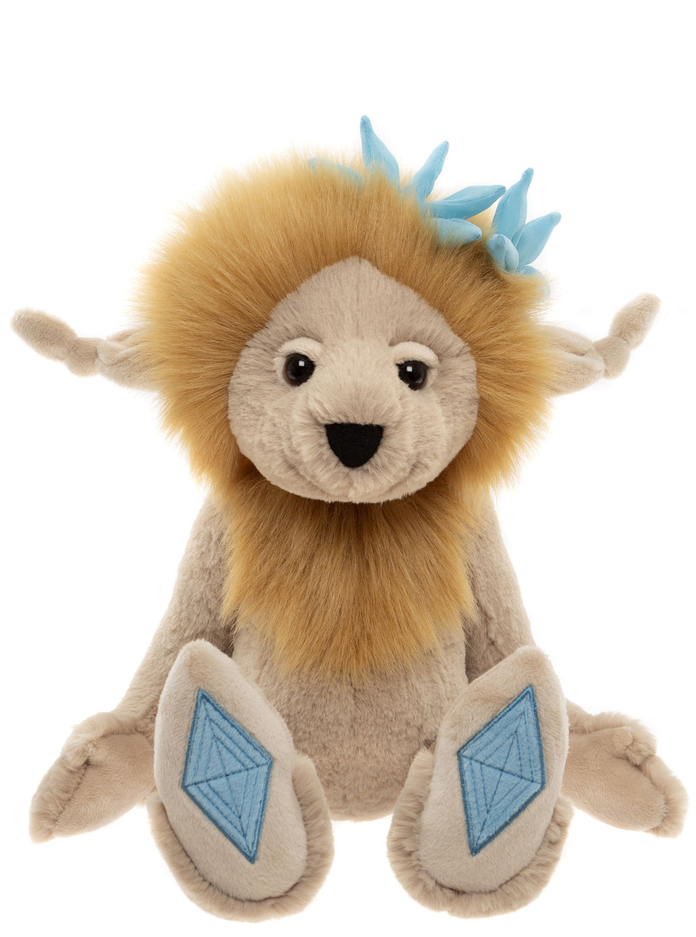 Topaz Blu Crystal Troll plush by Charlie Bears front view with golden mane, pointed ears and blue gemstone paw pads