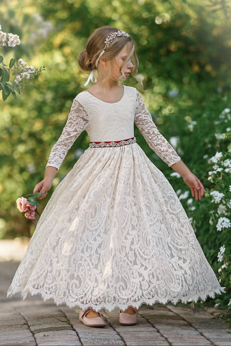 vintage style lace children’s formal gown with scalloped hem
