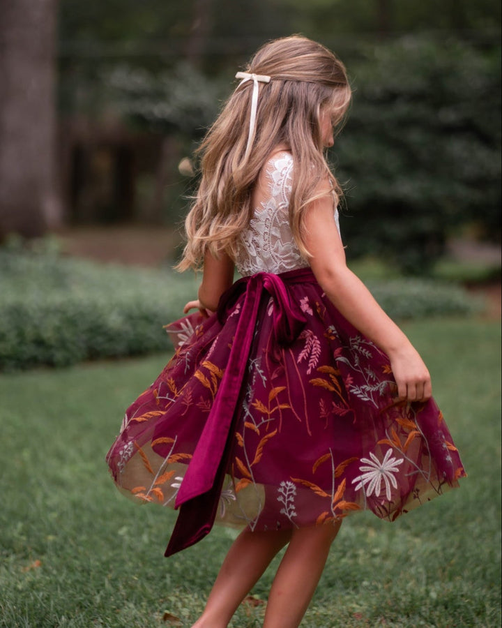 bordeaux wine floral flower girl dress velvet sash knee length
