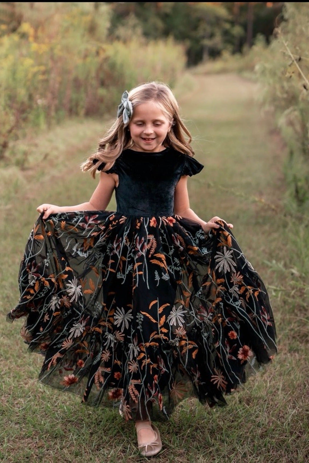 luxury black velvet flower girl dress with botanical embroidery, fall wedding flower girl outfit by Autumn Moon