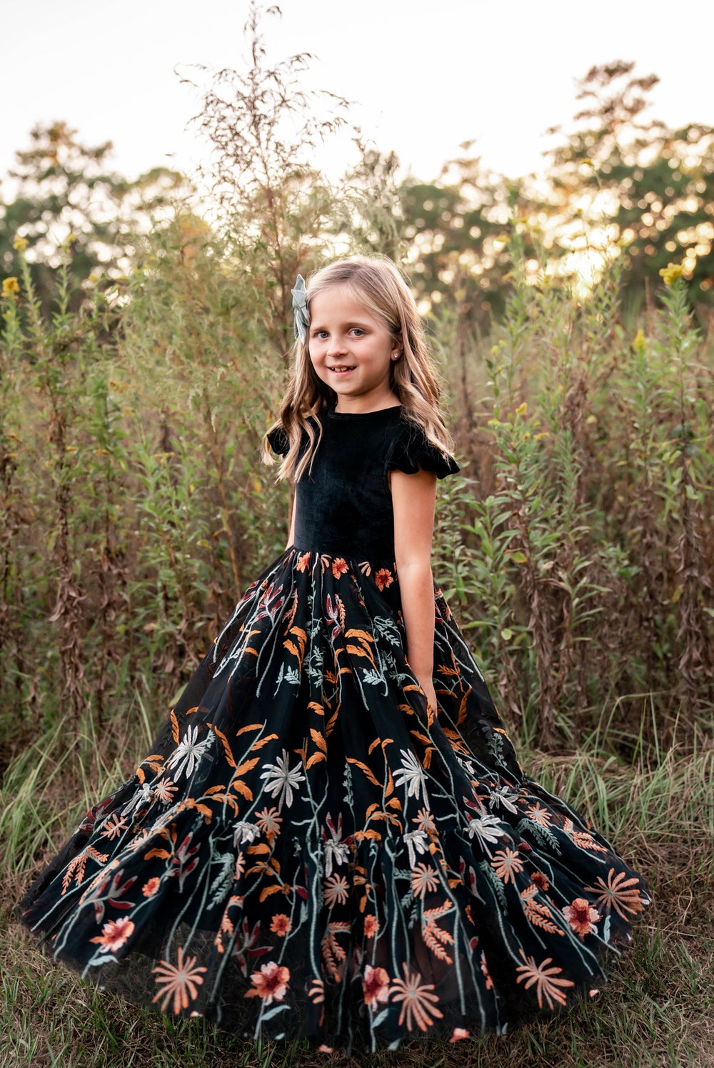 black velvet floral embroidered flower girl dress with ruffle sleeves and full tulle skirt, Little Kitten by Autumn Moon heirloom dress