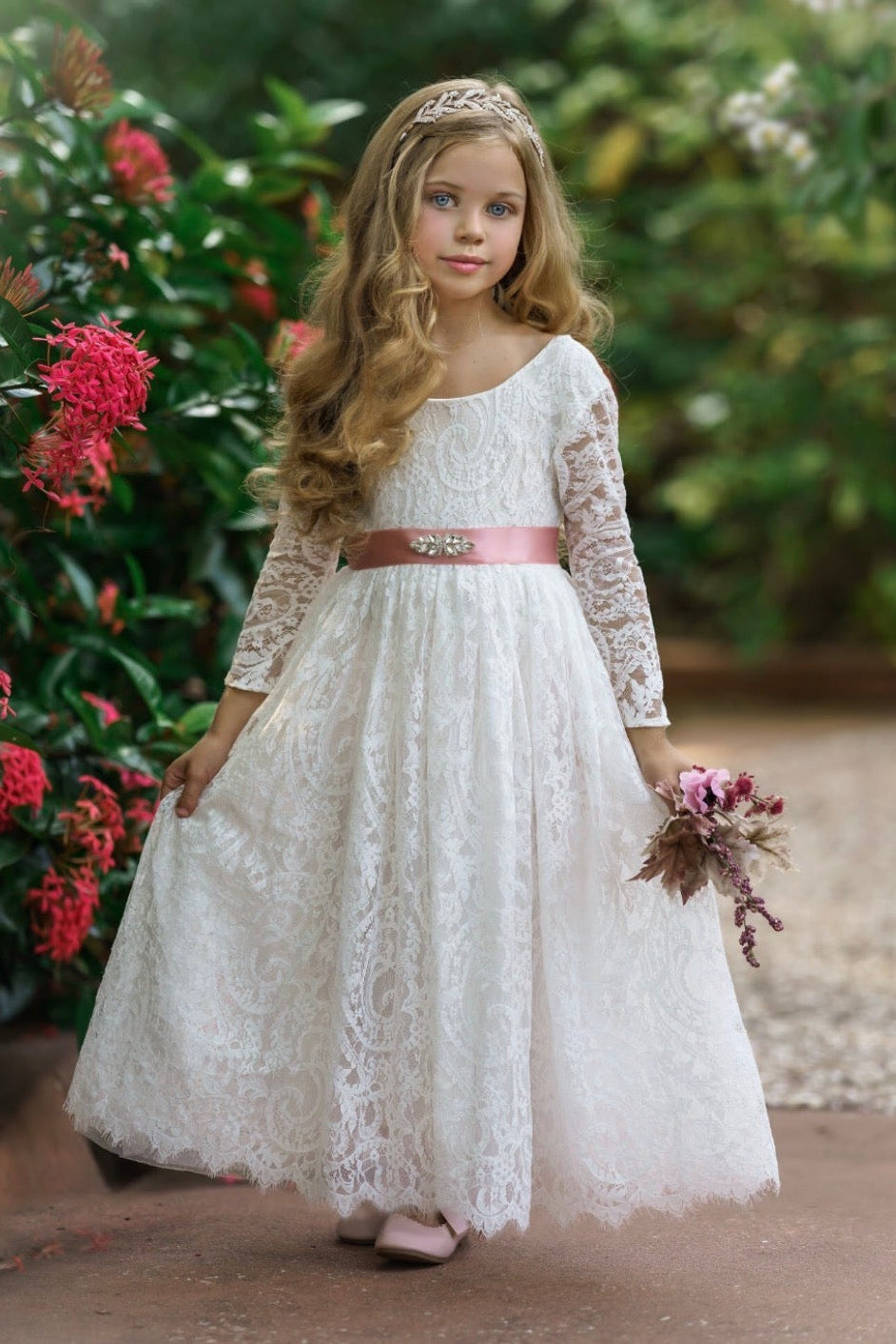 soft white lace flower girl dress full length scalloped hem