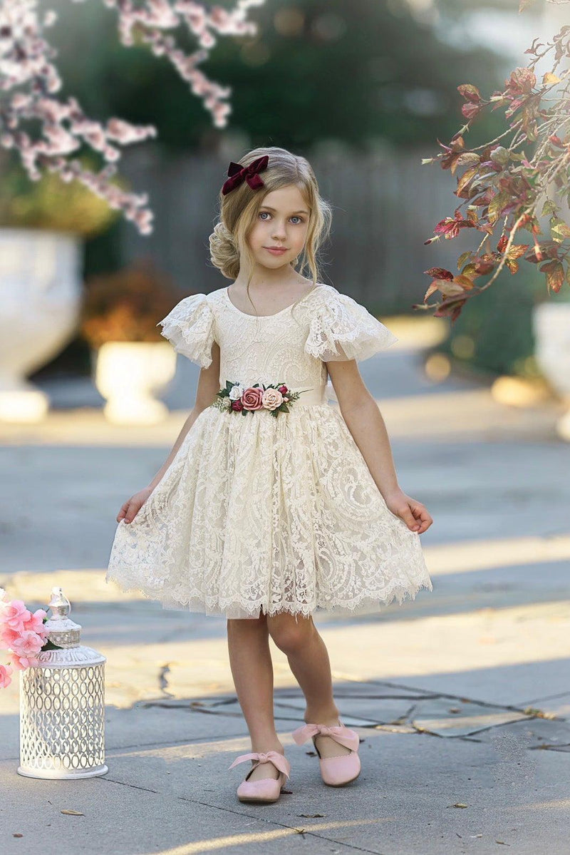 Antique ivory lace flower girl dress with soft ruffle sleeves and knee-length skirt, Elowen dress for weddings and bridal parties.
