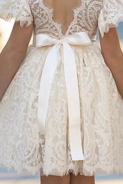 Antique ivory lace flower girl dress with ruffle sleeves and elegant V-back, Elowen dress by Little Kitten by Autumn Moon.