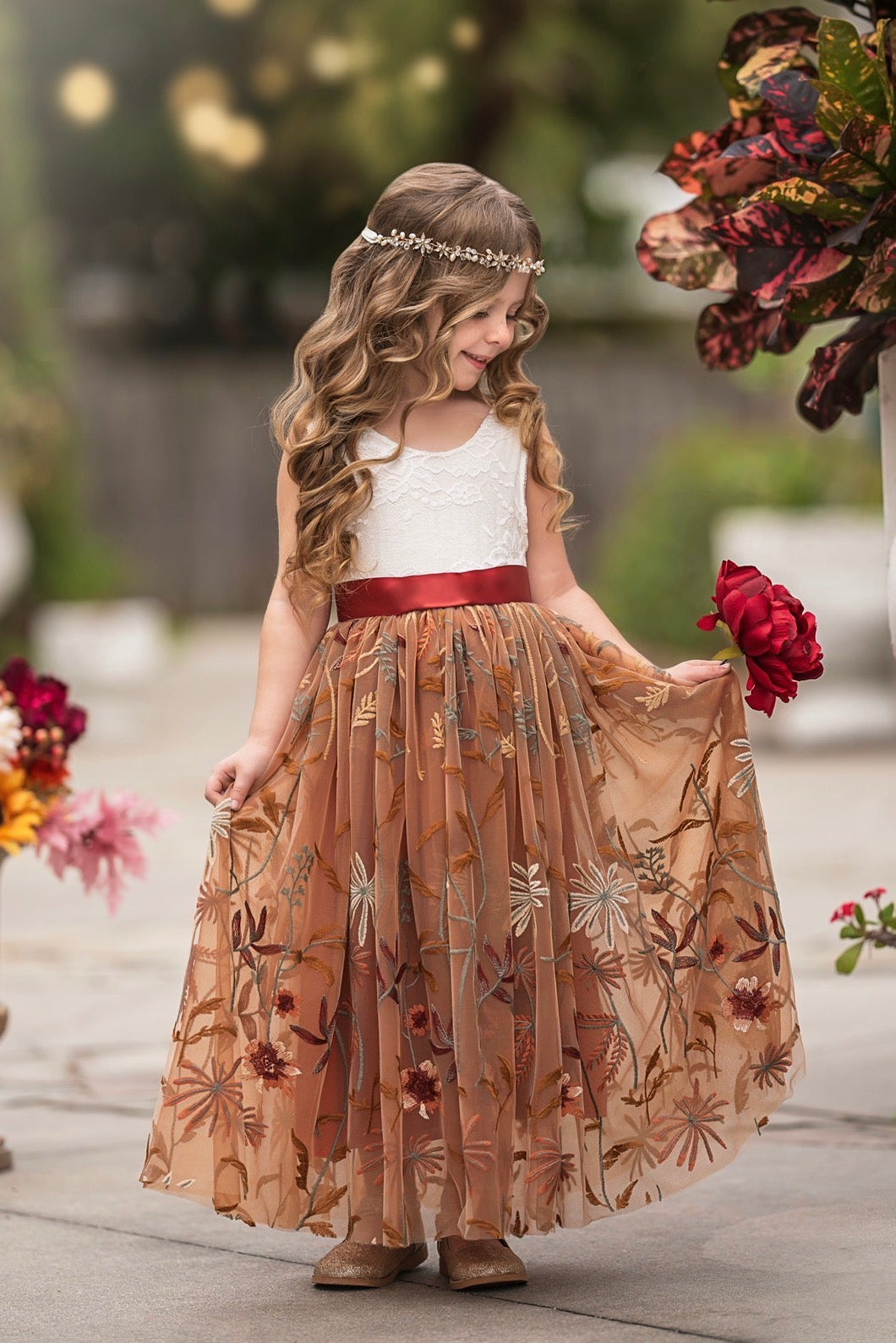 Ariella flower girl dress with white eyelash lace bodice and burnt orange embroidered floral tulle skirt, fall wedding flower girl dress by Little Kitten by Autumn Moon
