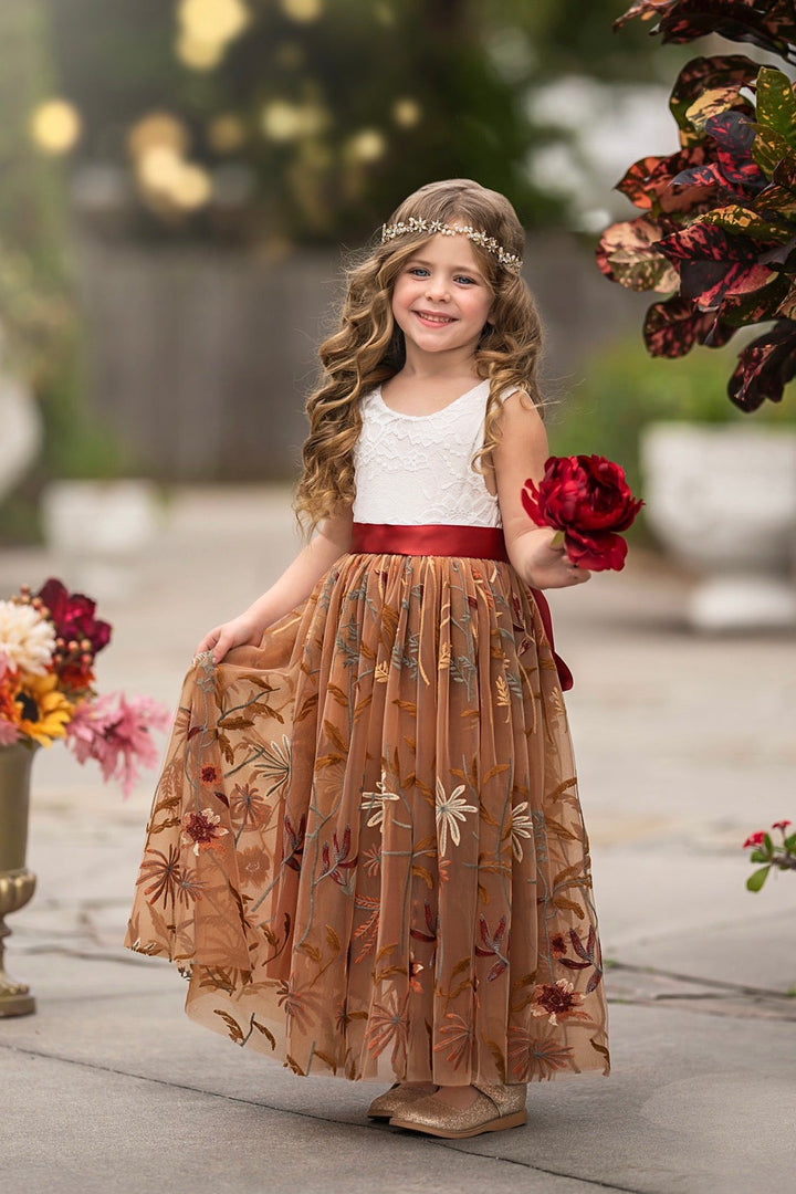 Ariella fall flower girl dress with white eyelash lace bodice and burnt orange embroidered floral tulle skirt