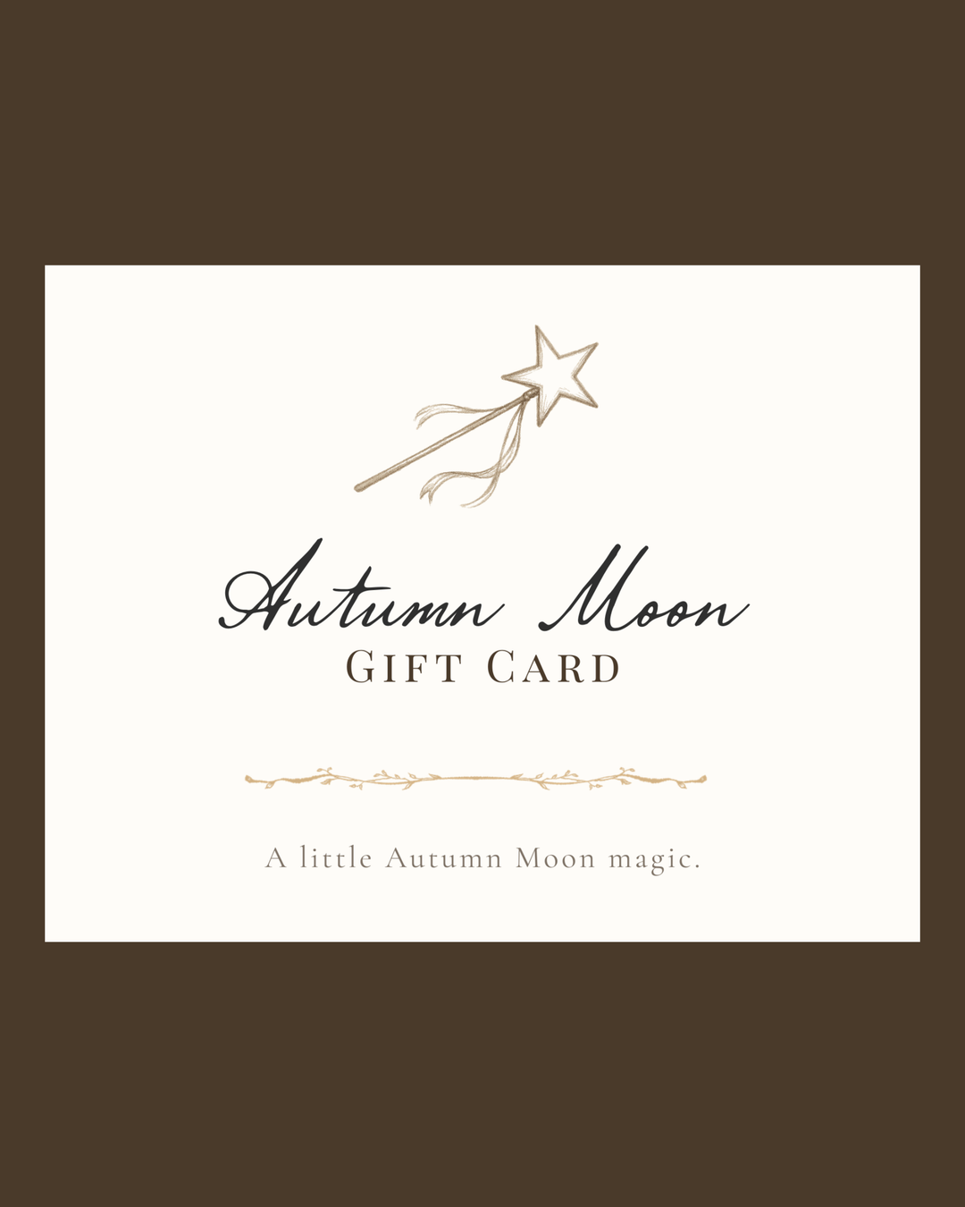 Autumn Moon gift card design with a star and wand illustration on a white background.