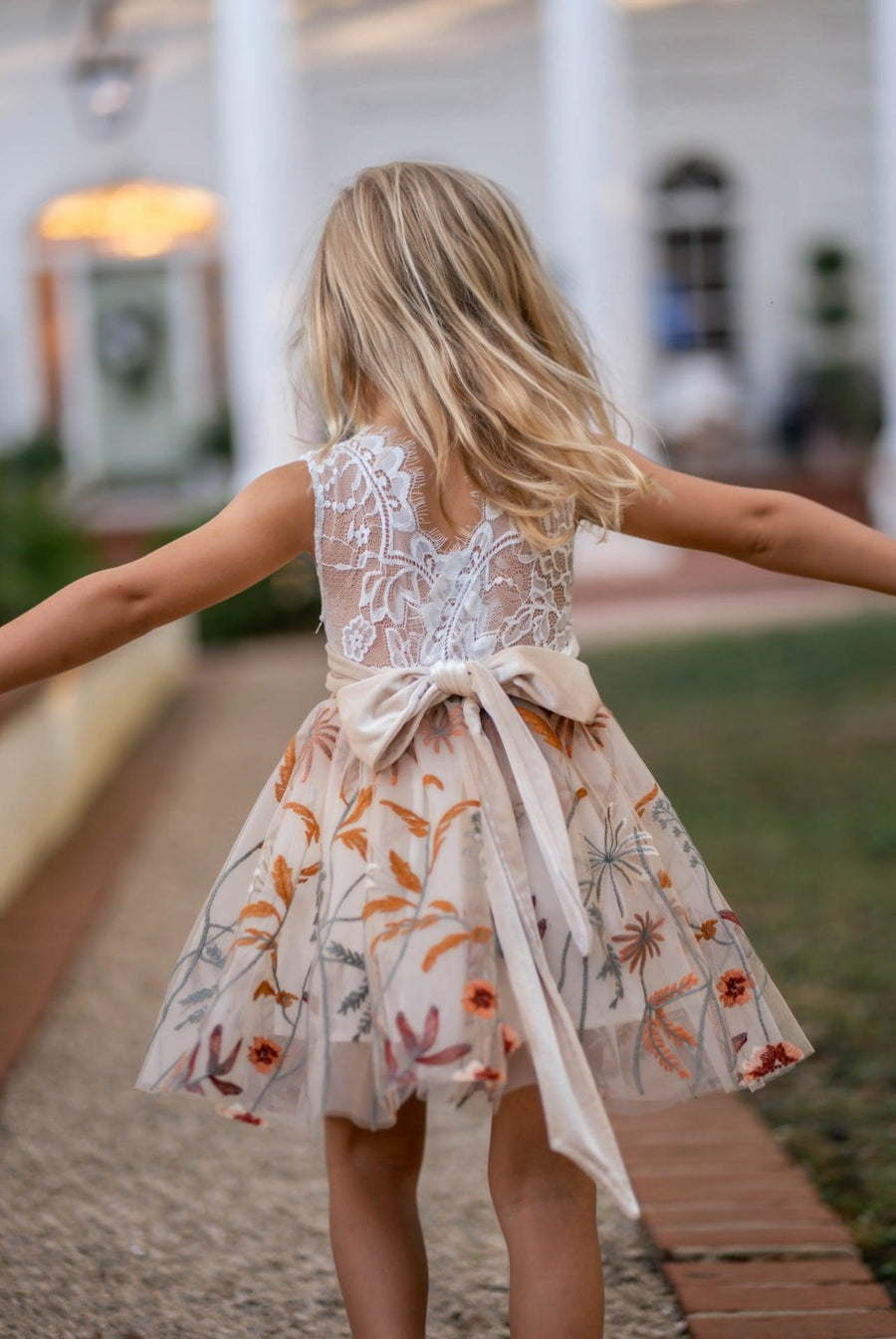 embroidered tulle flower girl dress soft neutral tone