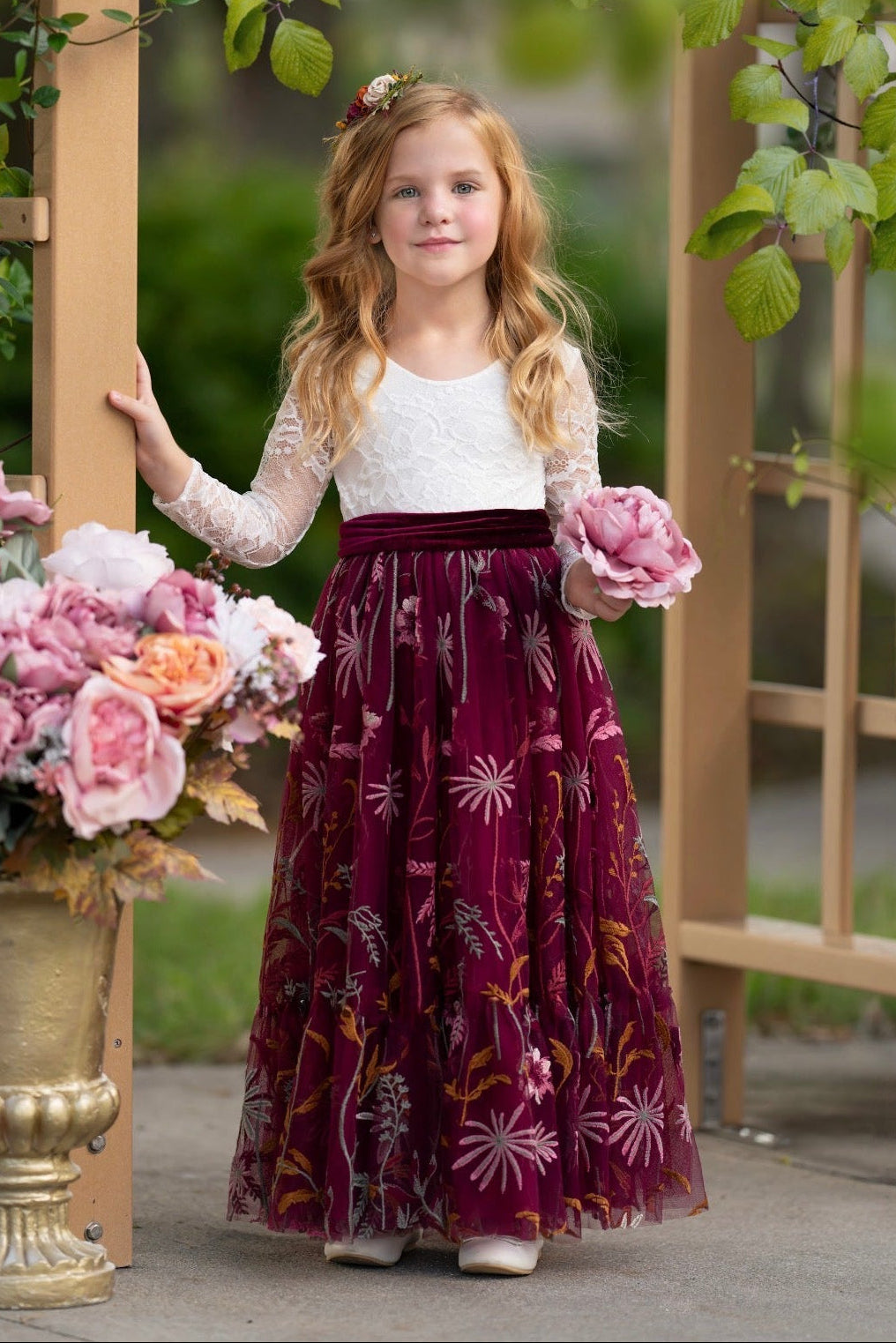 bordeaux embroidered flower girl gown lace bodice velvet sash