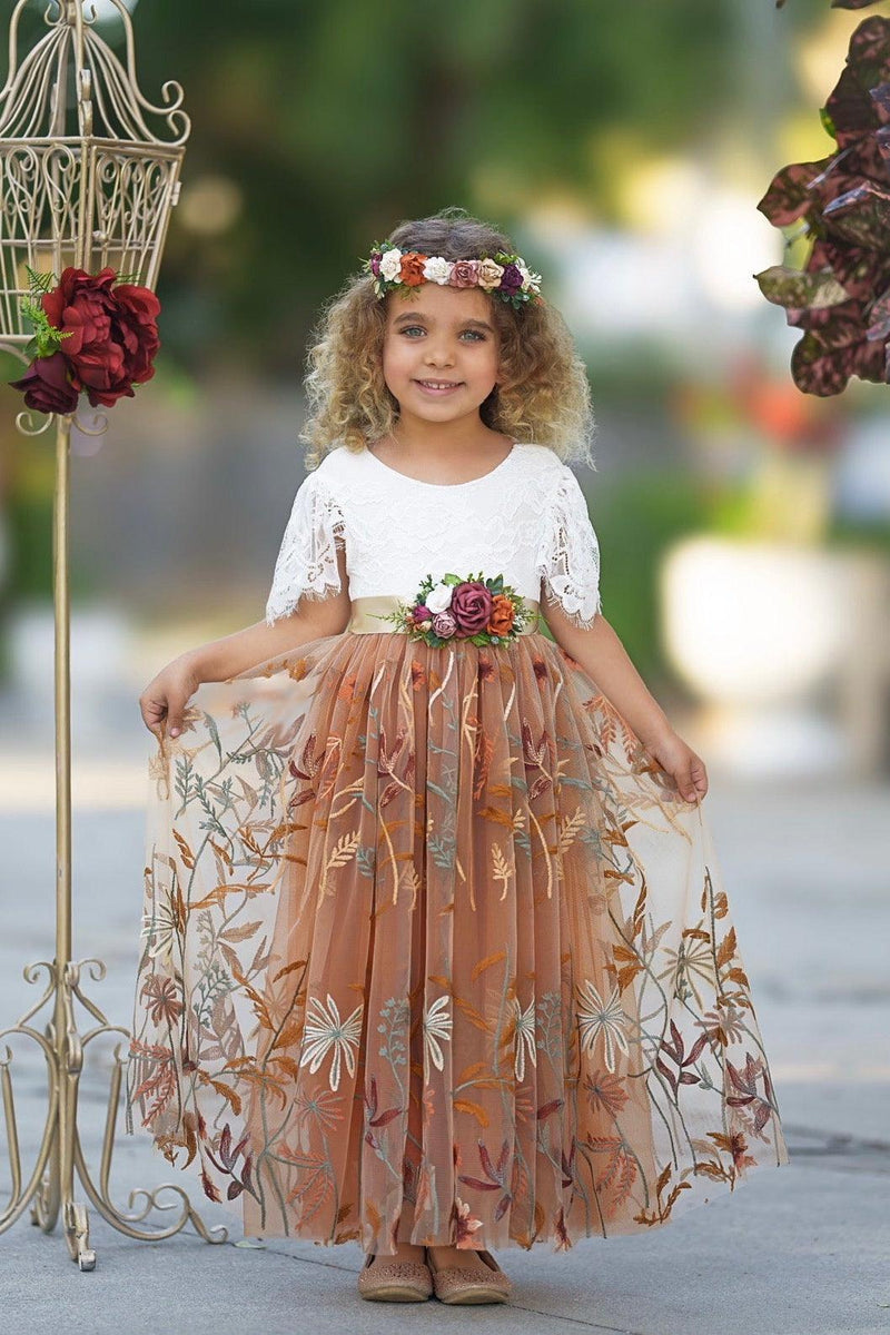Camellia flower girl dress with white eyelash lace bodice, ruffle sleeves, and burnt orange floral embroidered tulle skirt
