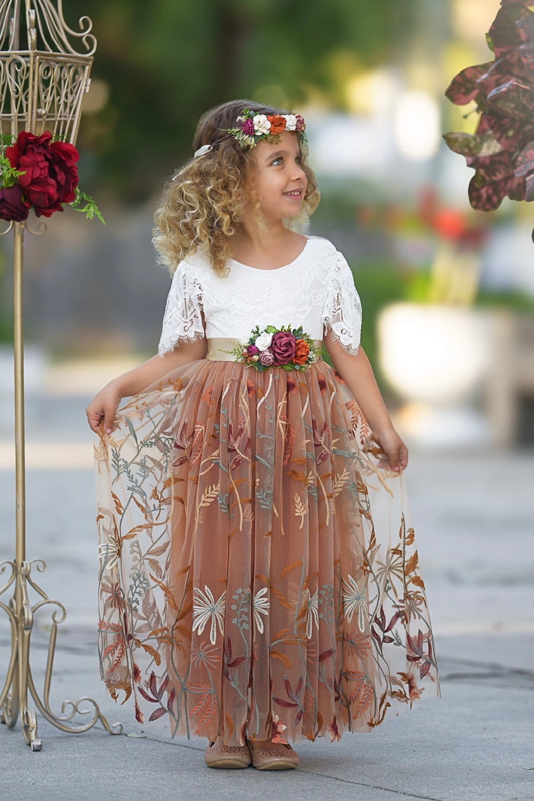 Elegant Camellia flower girl dress with burnt orange floral embroidered tulle skirt designed for fall weddings

