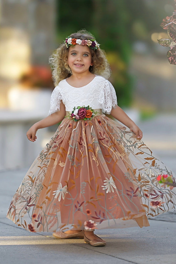 Camellia full length flower girl dress twirling with flowing burnt orange embroidered floral tulle skirt
