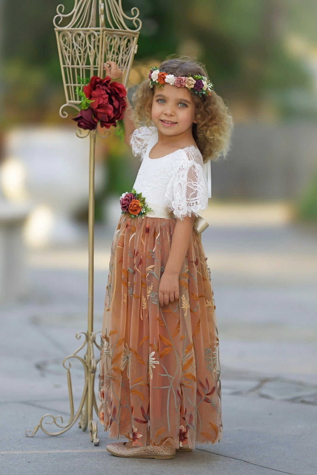Camellia fall flower girl dress with white lace bodice, ruffle sleeves, and embroidered floral tulle skirt