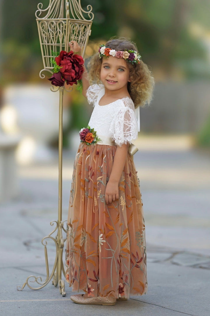 Camellia fall flower girl dress with white lace bodice, ruffle sleeves, and embroidered floral tulle skirt